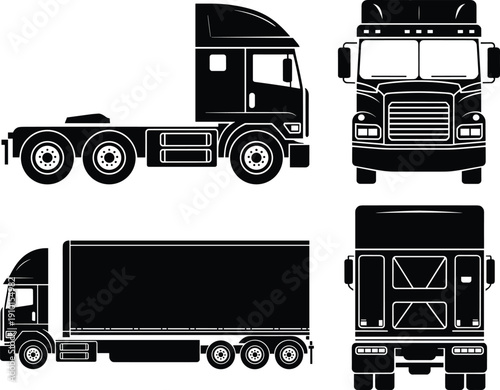Black and white vector silhouettes of semi‑trailer truck cab and cargo container from multiple perspectives including side, front, and rear views