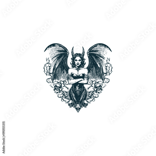 Dark gothic engraving illustration of a winged demon woman with horns surrounded by human skulls, isolated on white background.