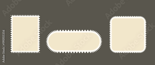 Postage stamp set. Post stamp frames and borders. Beige round and rectangular template for mail, postcard, letter. Jagged wavy edge forms. Vintage objects for poster, banner, badge, sticker. Vector