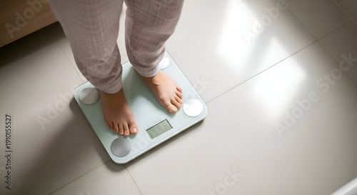 Close-Up of Feet on Digital Bathroom Scale for Body Weight Measurement