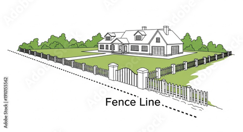 Illustration of a suburban house with a fence line.