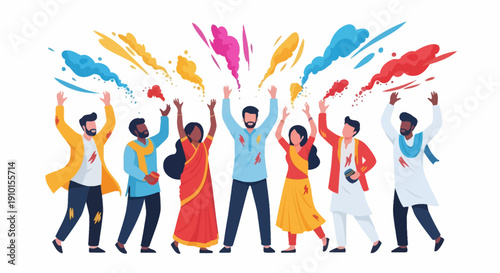 Group of People Celebrating Holi Festival with Color Powder – Vibrant Indian Cultural Party Vector Illustration