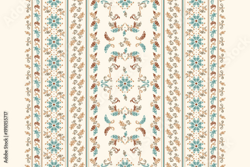Vector Ornamental Damask Floral Border Pattern. Elegant Arabesque Ornament. Oriental Ethnic Textile. Perfect for a Silk long Scarf, Shawl or Hallway Runner. Handmade Illustration. 