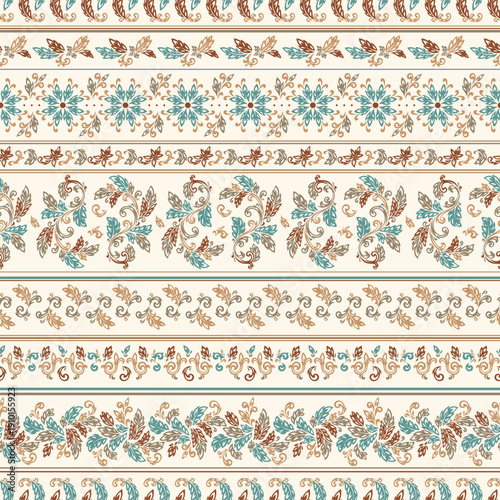 Vintage Floral Stripes Seamless Pattern. Ornate Damask Striped Motifs. Decorative Vector Design. Handmade Illustration. 