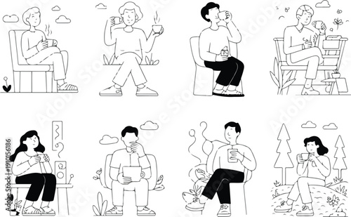 Minimalist Line Art People Relaxing with Coffee and Tea – Indoor and Outdoor Scenes