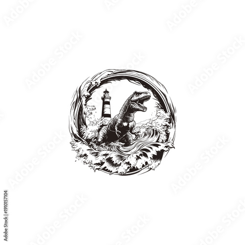 Vintage engraving style illustration of a Tyrannosaurus Rex standing in ocean waves with a lighthouse in the background, isolated on white.