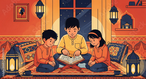 Muslim children reading Quran at home vector