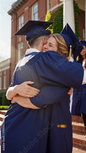 Young student celebrates graduation with happy classmates