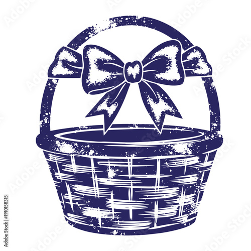 Grunge texture Vintage blue wicker basket with bow on handle  old fashioned woven basket with ribbon Vintage Style