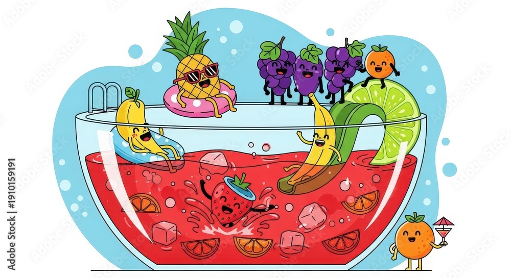 Obraz premium Cartoon fruit characters enjoy a refreshing pool party inside a large punch bowl filled with a red beverage.