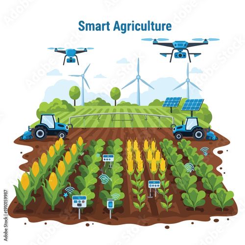 Illustration of a modern farm with drones, wind turbines, and solar panels, showcasing smart agriculture practices with various crops and tractors in a field.