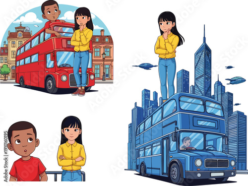 double decker bus, cartoon children, red bus, blue bus, European city, futuristic skyline, flying vehicles, boy girl, playful illustration, urban fantasy, modern transport, childhood imagination,