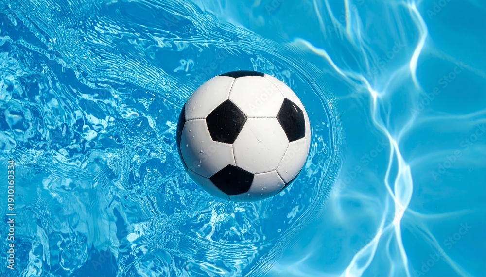 Fototapeta premium A three-dimensional illustration of a spherical leather football floating on blue water