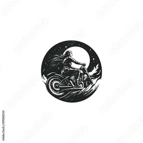 Vintage engraving style illustration of a woman with flowing hair riding a classic motorcycle at night under a full moon and starry sky, isolated on black background.
