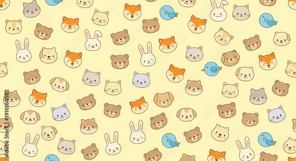 Fototapeta premium Cheerful pattern featuring various smiling cartoon animal faces scattered across a light background