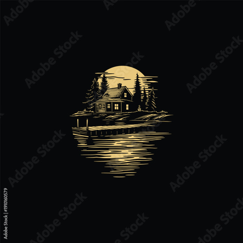 Vintage engraving style illustration of a cozy wooden cabin with a dock on a lake surrounded by pine trees under a setting sun, isolated on white background.