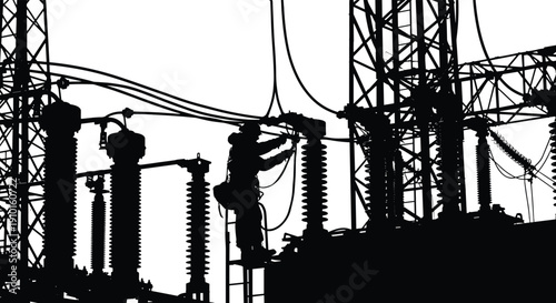 Electrical substation, power transmission, high voltage, energy distribution, transformers, circuit breakers, insulators, electricity infrastructure, industrial network, utility grid,