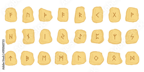 Set of hand drawn viking runes Rune stones with ancient norse alphabet characters engraved on them Scandinavian futhark germanic celtic Single element for design, print, web, decor