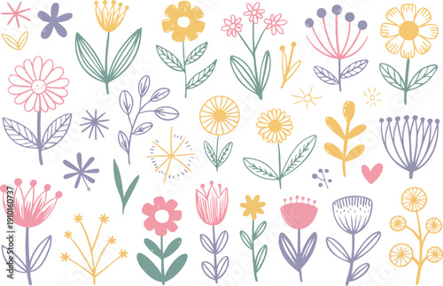 Scandinavian Floral Doodle Elements – Colorful Wreaths and Summer Botanicals