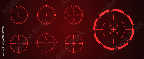 Crosshair Hud red. Futuristic neon light and laser Hud for game interface. Various glowing icons. UI Vector illustration.