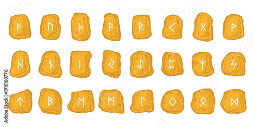 Set of hand drawn viking runes Rune stones with ancient norse alphabet characters engraved on them Scandinavian futhark germanic celtic Single element for design, print, web, decor
