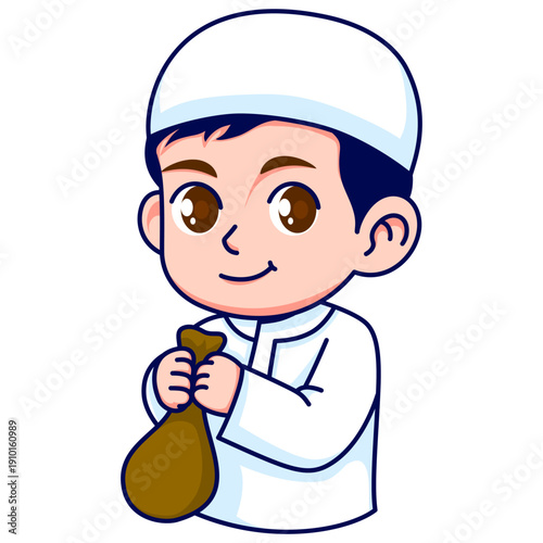 Cute Muslim Boy Character Mascot Set in White Thobe and Kufi Poses for Ramadan and Eid Mubarak Celebration, Vector Illustration Isolated on White