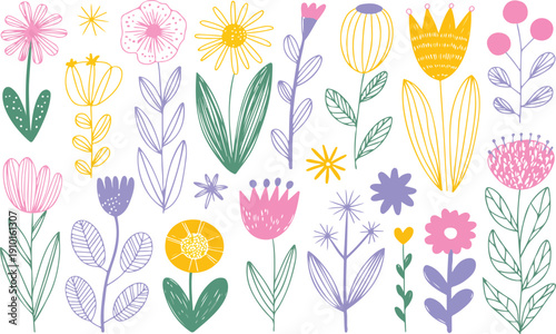 Scandinavian Floral Doodle Elements – Colorful Wreaths and Summer Botanicals