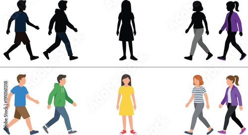 Set of walking people silhouettes and flat colorful characters, diverse men and women collection for urban lifestyle vector design