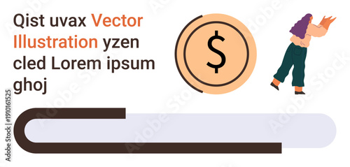 Financial growth, business planning, savings, success measurement, goal tracking, data visualization. Dollar sign, person and progress bar graphic. Financial growth and business planning concept