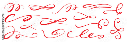 Flourish drawn swash red set. Red flourish calligraphy hand drawn pen brush ink thin stroke line..Vintage doodle swirl scroll underline text decoration texture grunge. Vector illustration.