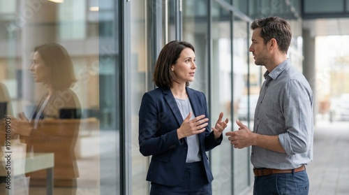 Businesswoman and businessman talking outside modern office building, glass facade, discussion, business, corporate, modern