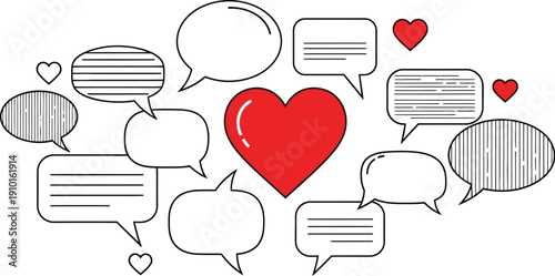 A collection of varied outline speech bubbles surrounding a vibrant central red heart icon suggesting digital communication and positive social interaction