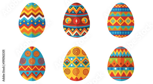 Vibrant Easter eggs with intricate patterns and designs on a white background, showcasing various decorative styles and colors.