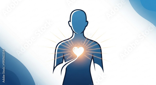 Person with glowing heart symbolizing love care and health on a white background with blue accents