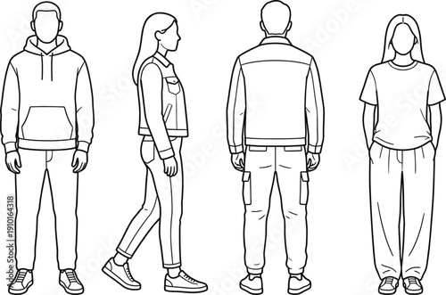 Vector line art of casual streetwear apparel featuring male and female fashion figures in hoodie, jacket, and cargo pants
