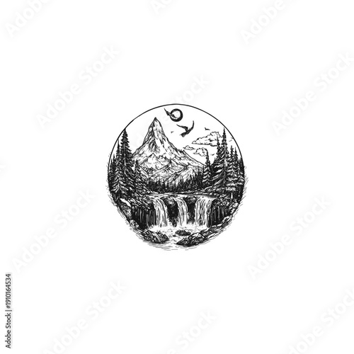 Vintage engraving style illustration of a majestic mountain peak with a cascading waterfall and dense pine forest under a moonlit sky, enclosed in a circular frame, isolated on white background.