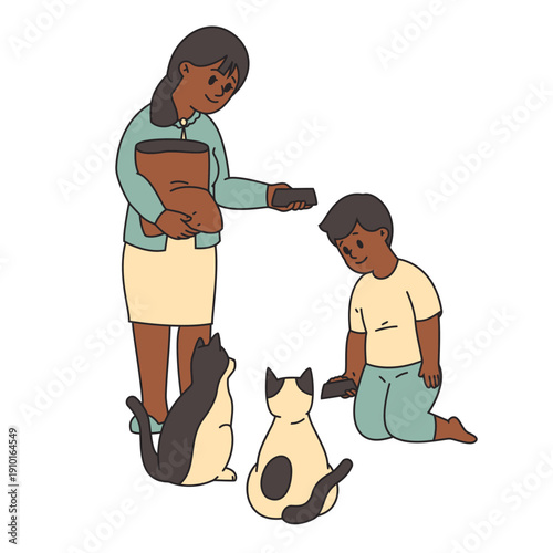 Kids Interacting with Cats, Group of Children Playing with Pets Childhood Happiness Concept