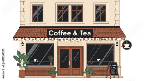 Charming vector illustration of a classic European-style coffee and tea shop facade with an awning, large windows, and plants.