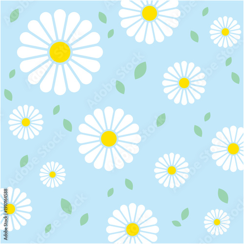 シンプルな白い花と緑の葉のイラスト 春の花柄の背景素材