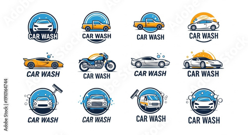 Collection of Car Wash Logos with Various Vehicles.