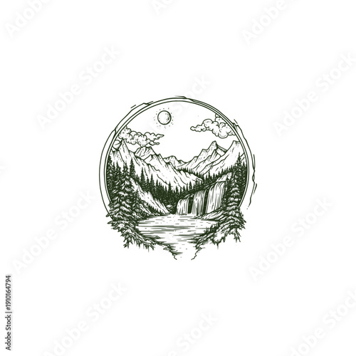 Vintage engraving style illustration of a majestic mountain peak with a cascading waterfall and dense pine forest under a moonlit sky, enclosed in a circular frame, isolated on white background.