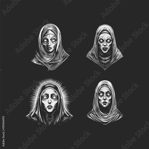 Vintage engraving style illustration set of four eerie hooded female characters with glowing eyes and sunken features, embodying a dark mystical or horror aesthetic