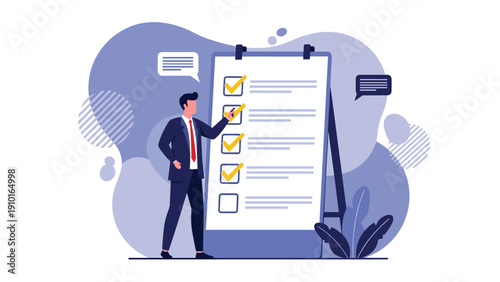 Professional businessman in a suit checking off completed tasks on a large clipboard checklist, symbolizing productivity and planning.