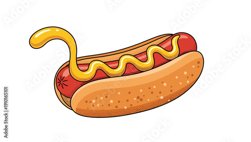 Classic American hot dog in a sesame seed bun with a generous swirl of yellow mustard, illustrated in a retro style.