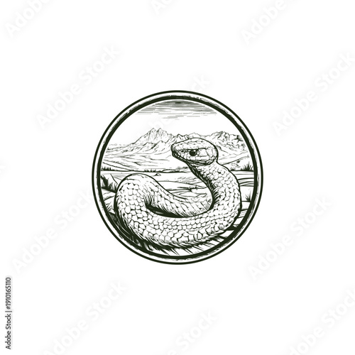 Vintage engraving style illustration of a coiled snake with detailed scales in a desert landscape with mountains in the background, enclosed in a circular frame