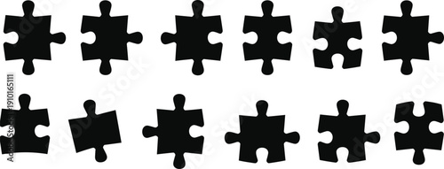 Black jigsaw puzzle pieces silhouette set isolated on white background, scattered and rotated shapes representing problem solving, teamwork, connection and strategy concept design