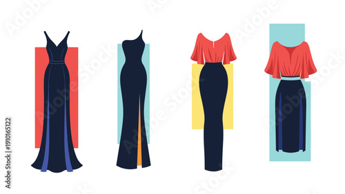 Elegant collection of formal evening gowns and stylish dresses showcases various silhouettes and deep navy colors with colorful backdrops.