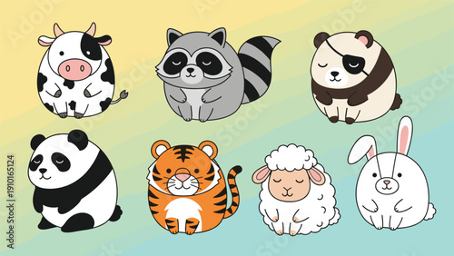 Collection of seven adorable, round, chubby cartoon animals including a cow, raccoon, panda, tiger, sheep, and rabbit.