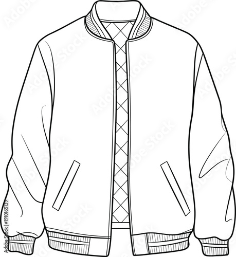  Flat vector CAD of quilted bomber jacket with set-in sleeves and ribbed trims – front view