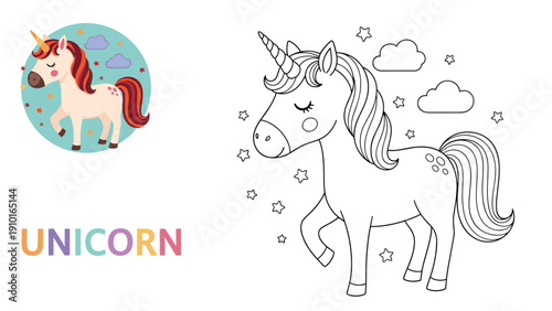 Magical unicorn coloring page for children with a colorful example, clouds, and stars, perfect for a creative activity.